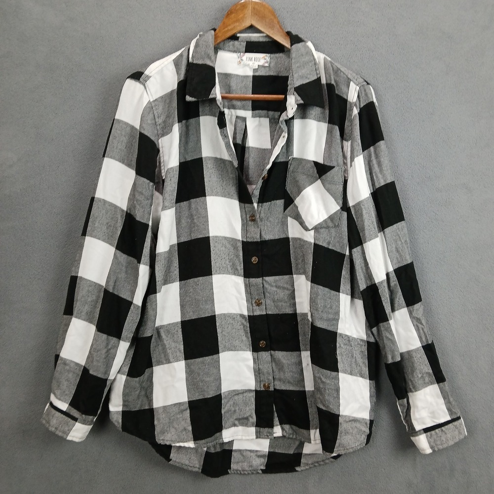 Pink Rose Shirt Womens XL Multicolor Buffalo‎ Plaid Flannel Round Hem Button Up